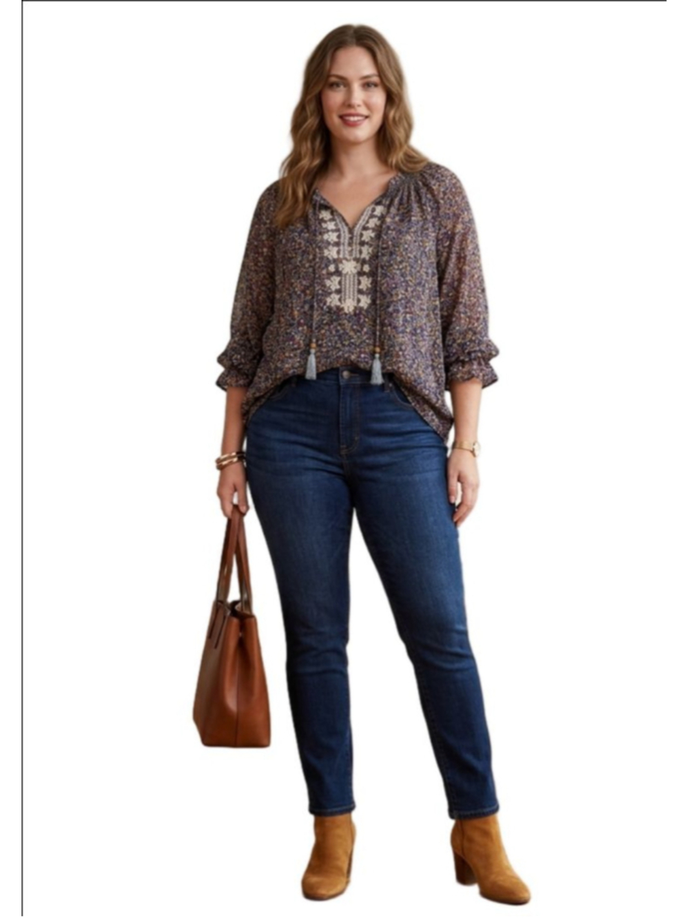 Women's MASON & BELLE Plus 2X Navy Orange Floral Embroidered Blouse